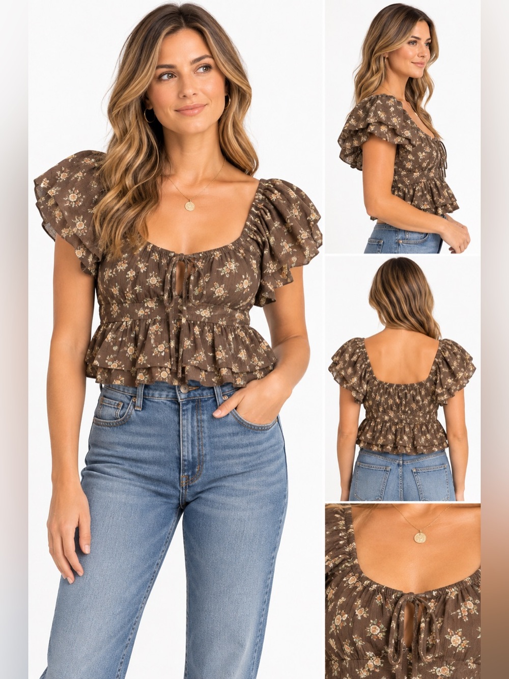 American Eagle Top Women S Brown Floral Peplum Puff Sleeve Tie Front Cottagecore